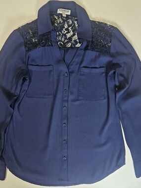 Express Portofino Shirt Womens Small Slim Fit Navy Blue Floral Lace Button Down